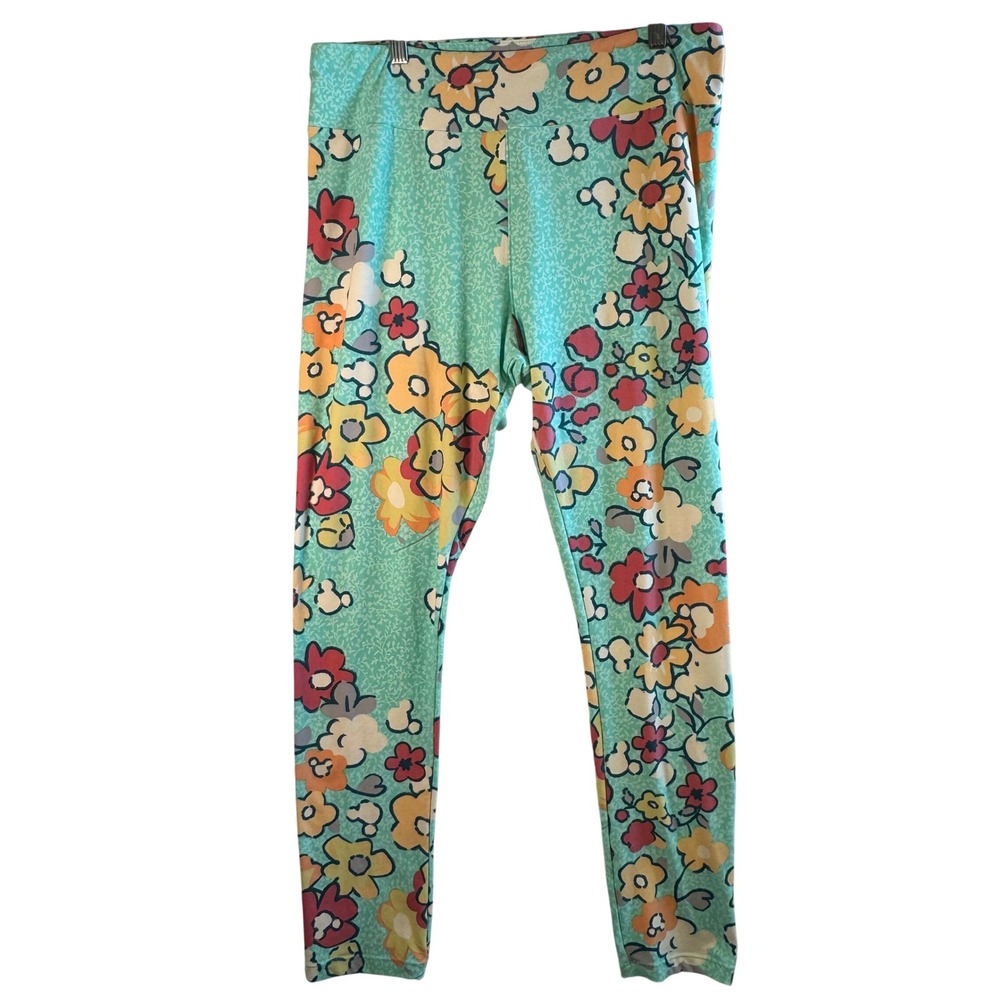 LuLaRoe Disney Mickey Mouse Floral Leggings TC Tall Curvy Teal Buttery Soft Yoga